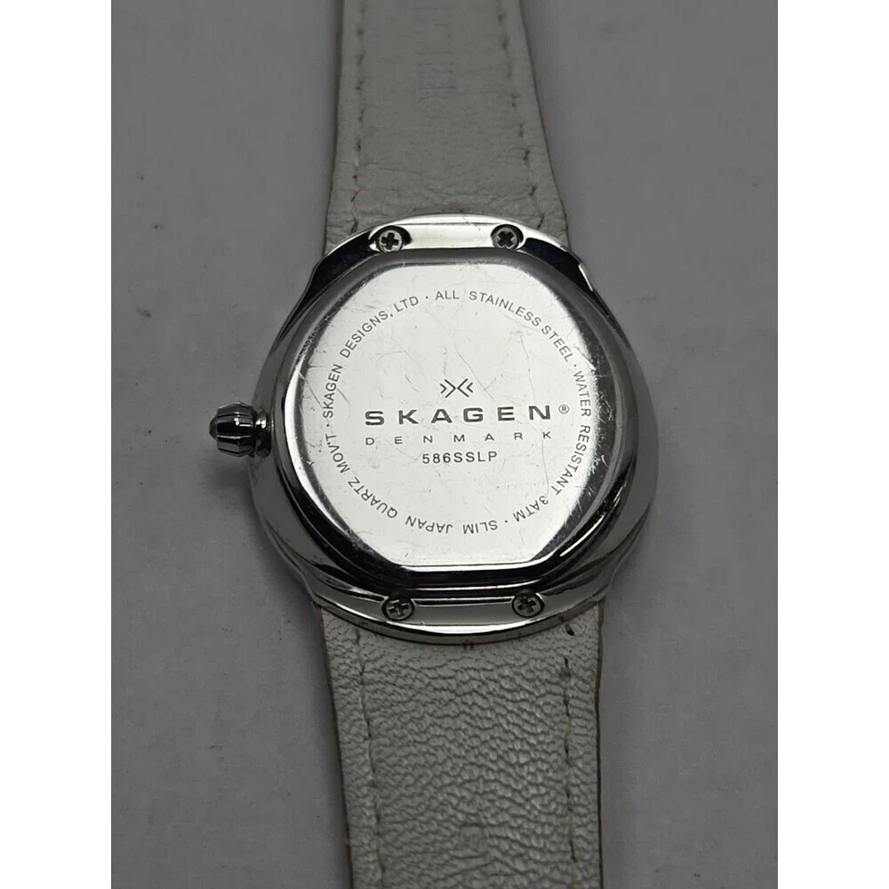 Skagen 586SSLP Womens Day Date Watch MOP Crystal Bezel Pink Leather New Battery